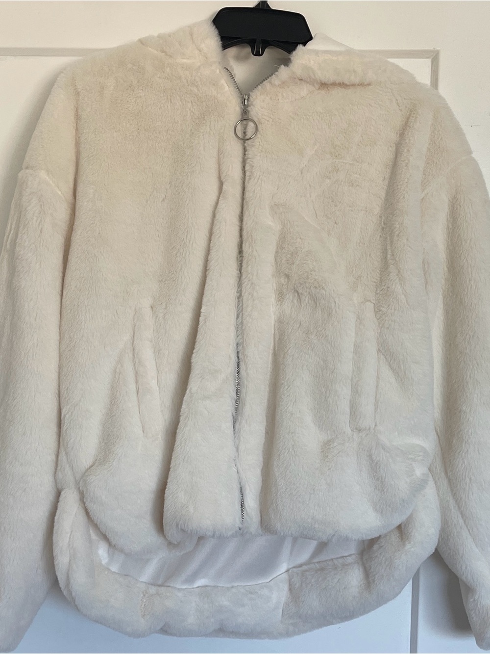 Forever 21 Cream Faux Fur Hooded Zip Jacket